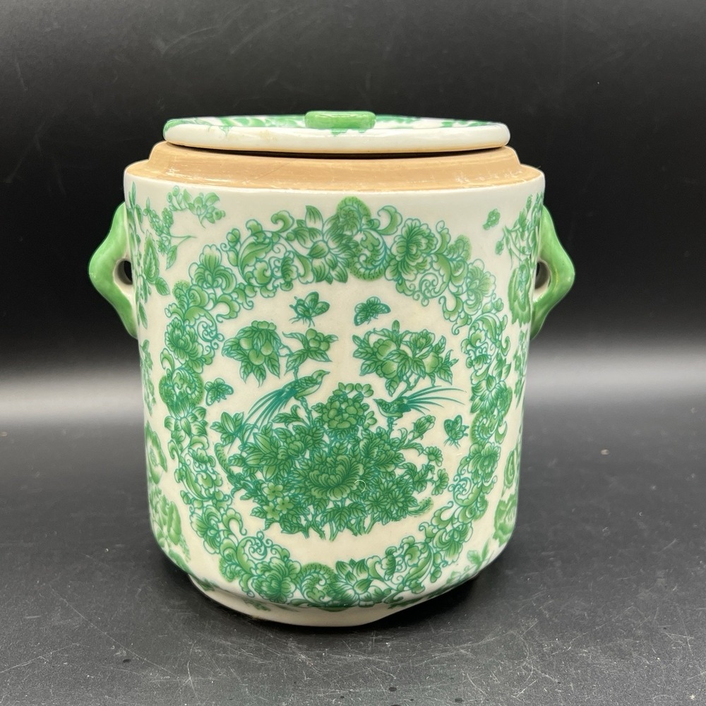 VTG Bombay Co. Green & White Chinoiserie Style Tea Ginger Jar Canister Stoneware